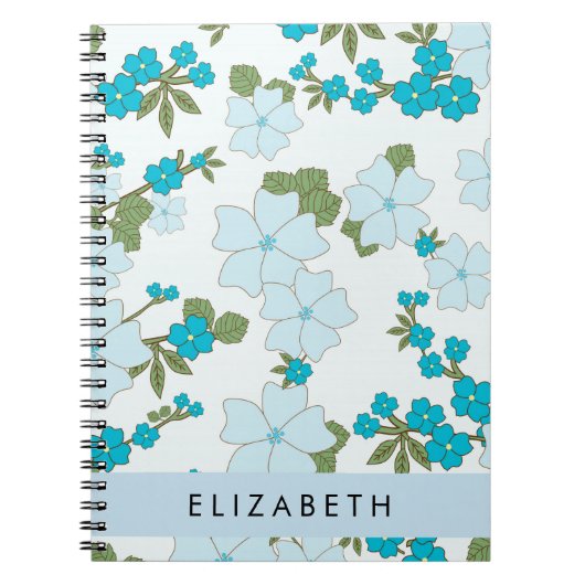 Blauwe bloemen, bloemenpatroon, Jouw naam Notitieboek (Voorkant)