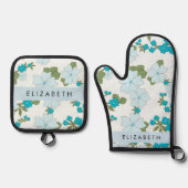 Blauwe bloemen, bloemenpatroon, Jouw naam Ovenwant & Pannenlap Set (Voorkant)