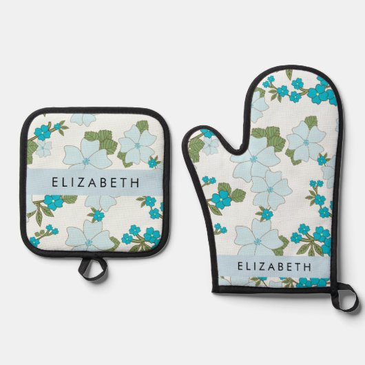 Blauwe bloemen, bloemenpatroon, Jouw naam Ovenwant & Pannenlap Set (Voorkant)