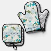 Blauwe bloemen, bloemenpatroon, Jouw naam Ovenwant & Pannenlap Set (Voorkant / Achterkant)