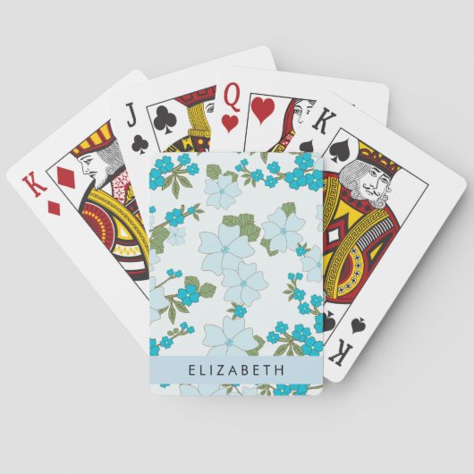 Blauwe bloemen, bloemenpatroon, Jouw naam Pokerkaarten (Achterkant)