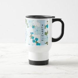 Blauwe bloemen, bloemenpatroon, Jouw naam Reisbeker