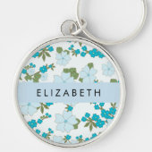 Blauwe bloemen, bloemenpatroon, Jouw naam Sleutelhanger (Voorkant)
