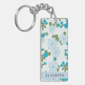 Blauwe bloemen, bloemenpatroon, Jouw naam Sleutelhanger (Voorkant Links)