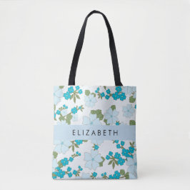 Blauwe bloemen, bloemenpatroon, Jouw naam Tote Bag