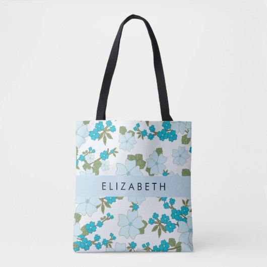 Blauwe bloemen, bloemenpatroon, Jouw naam Tote Bag (Voorkant)