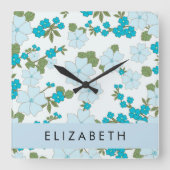 Blauwe bloemen, bloemenpatroon, Jouw naam Vierkante Klok (Voorkant)