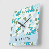 Blauwe bloemen, bloemenpatroon, Jouw naam Vierkante Klok (Hoek)