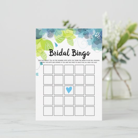 Blauwe bloemen bloemenspel bingo vrijgezellenfeest informatiekaartje (Staand voorkant)