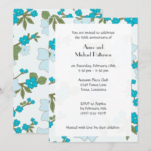 Blauwe Bloemen, Bloempatroon, Jubileum Kaart (Voorkant / Achterkant)