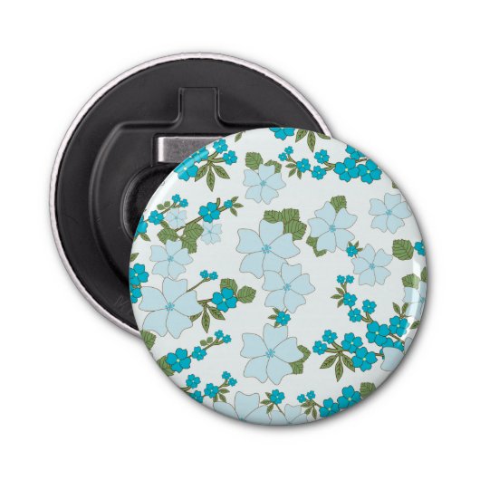 Blauwe bloemen, bloempatroon, patroon van bloemen button flesopener (Voorkant)