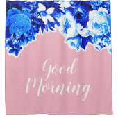  Blauwe Bloemen & Blush Roze Goedemorgen Douchegordijn (Voorkant)