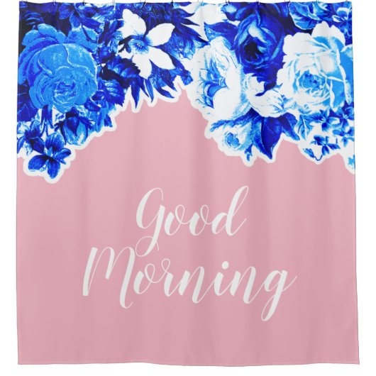  Blauwe Bloemen & Blush Roze Goedemorgen Douchegordijn (Voorkant)