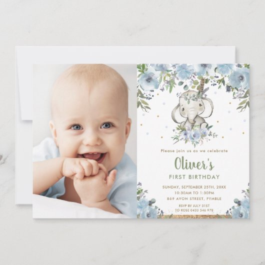 Blauwe Bloemen Boho Olifant Jongen 1e Verjaardag F Kaart (Voorkant)