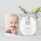Blauwe Bloemen Boho Olifant Jongen 1e Verjaardag F Kaart (Staand voorkant)