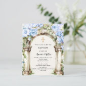 Blauwe bloemen boog beige jongen Doop uitnodiging (Staand voorkant)