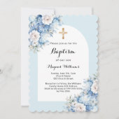 Blauwe bloemen boog kruis jongen doop kaart (Voorkant)