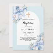 Blauwe bloemen boog kruis jongen doop kaart (Voorkant)