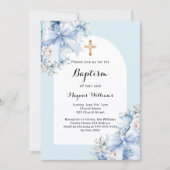 Blauwe bloemen boog kruis jongen doop kaart (Voorkant)