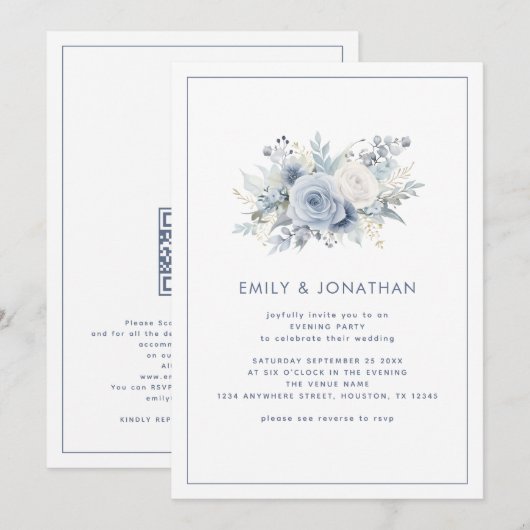 Blauwe Bloemen Border QR Huwelijksavond Feest Kaart (Voorkant / Achterkant)