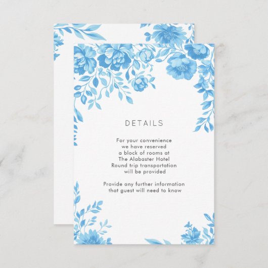 Blauwe Bloemen Border Wedding Details Informatiekaartje (Voorkant / Achterkant)