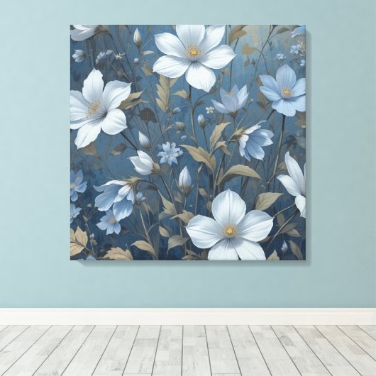 Blauwe Bloemen Botanisch Patroon AI Digitale Wandk Canvas Afdruk (Insitu (Houten vloer))