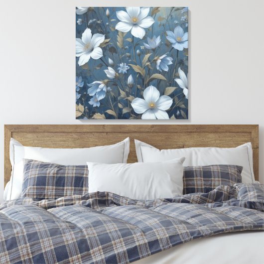 Blauwe Bloemen Botanisch Patroon AI Digitale Wandk Canvas Afdruk (Insitu (Slaapkamer))