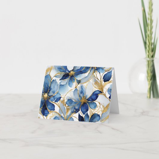 Blauwe bloemen briefpapier met gouden accenten bedankkaart (Voorkant)
