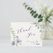 Blauwe bloemen bruiloft bedank kaart (Staand voorkant)