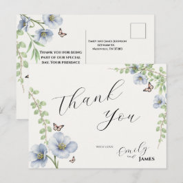 Blauwe bloemen bruiloft bedank kaart