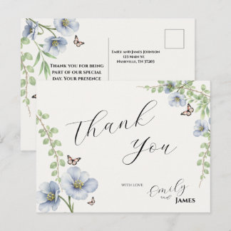 Blauwe bloemen bruiloft bedank kaart