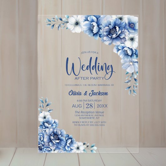 Blauwe bloemen bruiloft na het feest acryl uitnodigingen