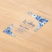 Blauwe bloemen bruiloft na het feest acryl uitnodigingen (Laagn)