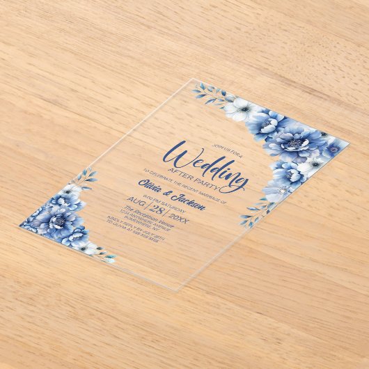 Blauwe bloemen bruiloft na het feest acryl uitnodigingen (Laagn)
