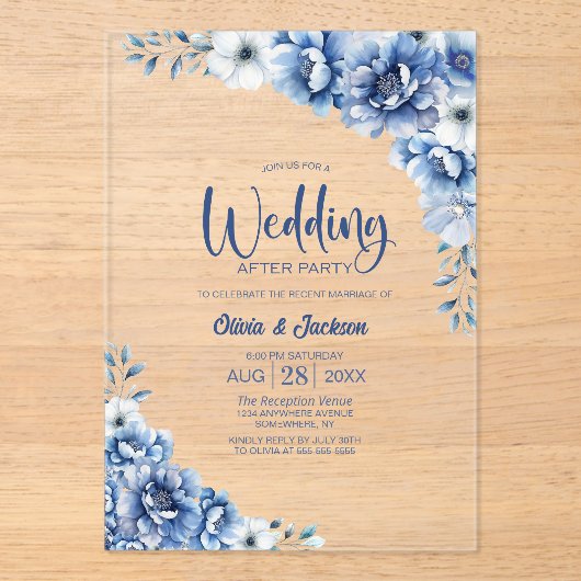 Blauwe bloemen bruiloft na het feest acryl uitnodigingen (Voorkant)