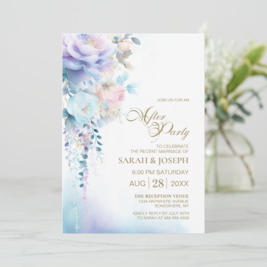 Blauwe bloemen bruiloft na het feest kaart (Staand voorkant)