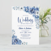 Blauwe bloemen bruiloft na het feest kaart (Staand voorkant)
