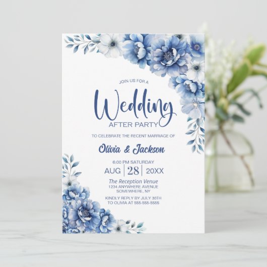 Blauwe bloemen bruiloft na het feest kaart (Staand voorkant)