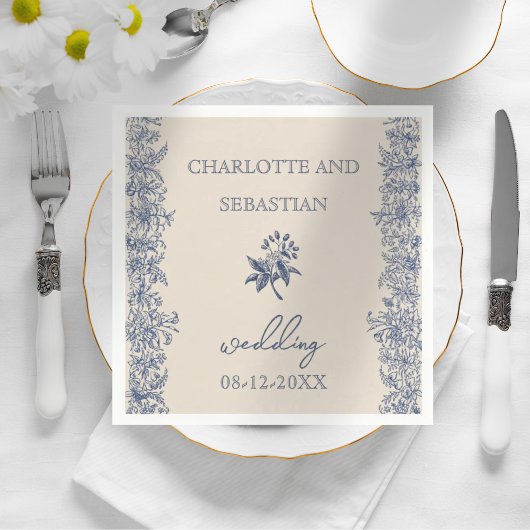 Blauwe  bloemen bruiloft papieren servetten