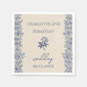 Blauwe  bloemen bruiloft papieren servetten (Voorkant)