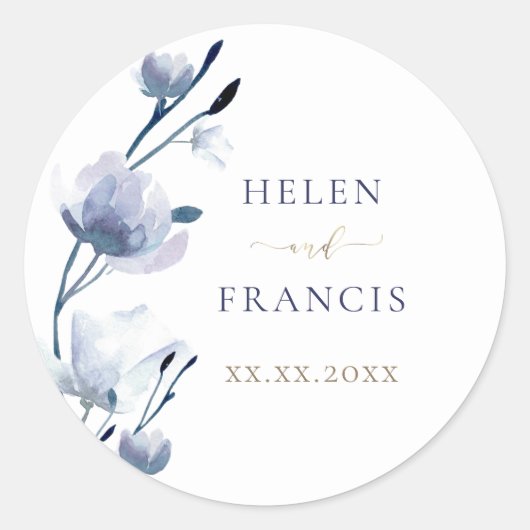 blauwe bloemen bruiloft ronde sticker (Voorkant)