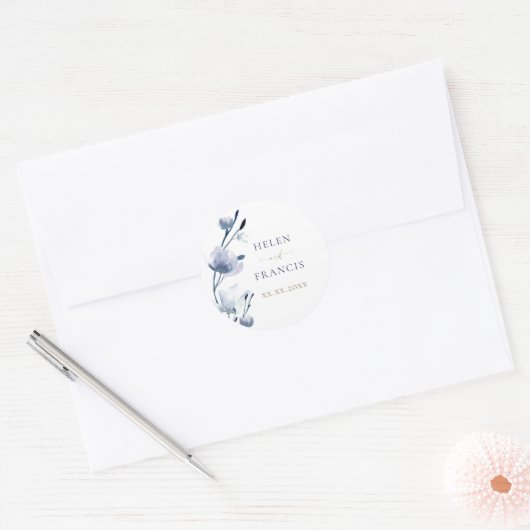 blauwe bloemen bruiloft ronde sticker (Envelop)