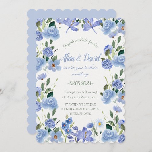 Blauwe Bloemen bruiloft uitnodiging. Kaart (Voorkant / Achterkant)