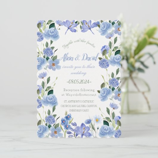 Blauwe Bloemen bruiloft uitnodiging. Kaart (Staand voorkant)