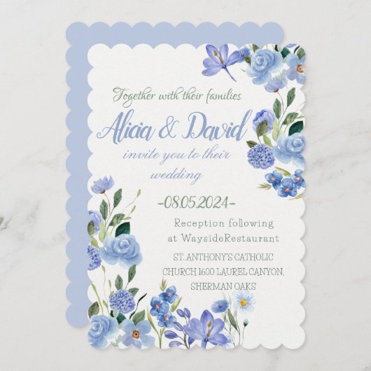 Blauwe Bloemen bruiloft uitnodiging. Kaart (Voorkant / Achterkant)