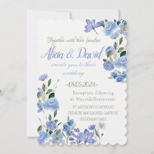 Blauwe Bloemen bruiloft uitnodiging. Kaart (Voorkant)