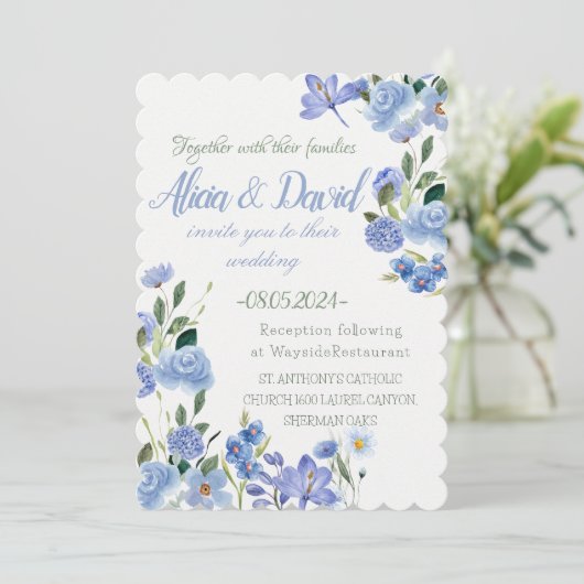 Blauwe Bloemen bruiloft uitnodiging. Kaart (Staand voorkant)