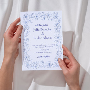 Blauwe bloemen bruiloftsinvatie met witte duif E Kaart