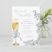 Blauwe Bloemen Brunch en Bubble Champagne Glas Kaart (Staand voorkant)