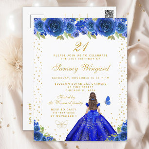 Blauwe Bloemen Brunette Prinses Verjaardagsfeest Briefkaart
